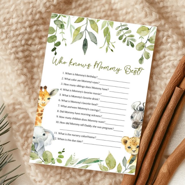 Lámina Ducha de Bebé Wild One ¿Quién conoce mejor a Mamá  (Wild One Safari Baby Shower Game)