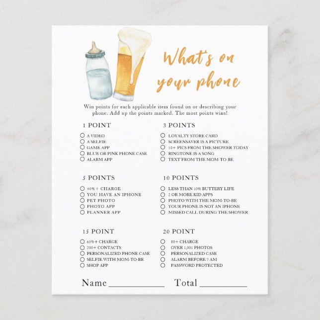 Lámina Ducha de beer bebé - ¿Qué hay en tu juego de teléf (Anverso)