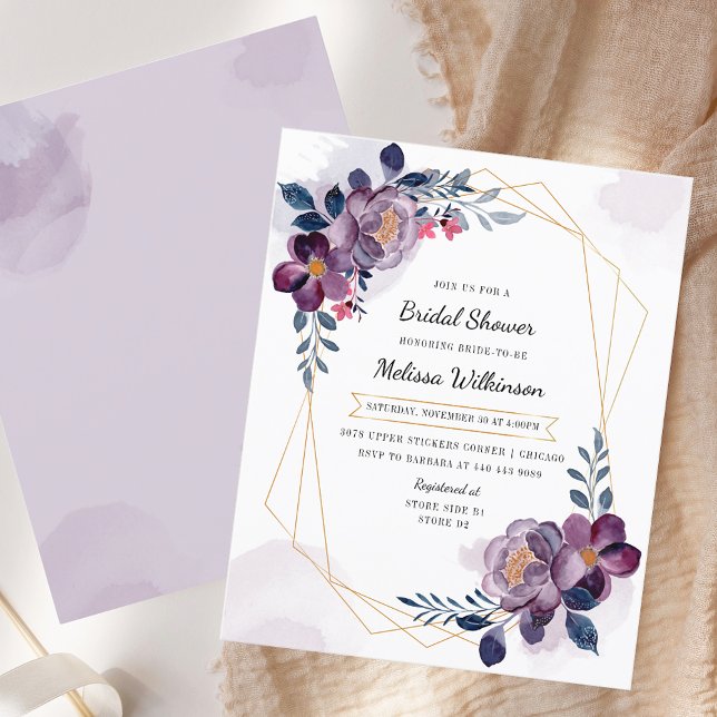 Lámina Ducha de novia botánica floral morada Rubor (Floral Purple Botanical Bridal Shower Invitation)