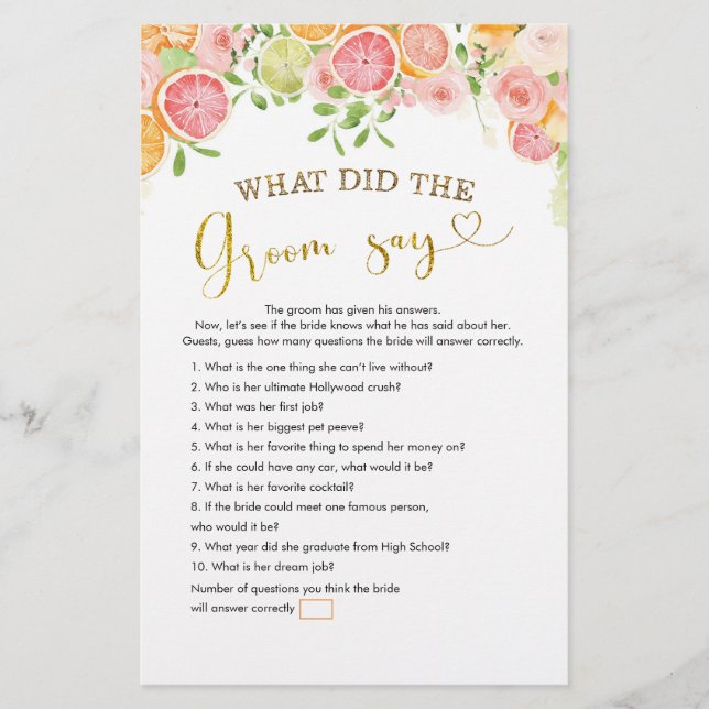 Lámina Ducha de novia de Grapefruit Citrus Qué dice Groom (Anverso)