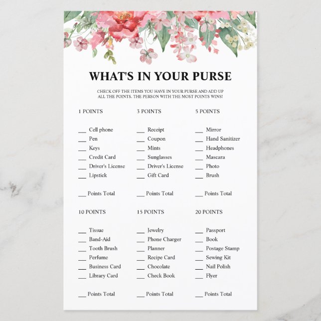 Lámina Ducha de Novia Rosa Floral ¿Qué Hay en Tu Bolso? (Anverso)