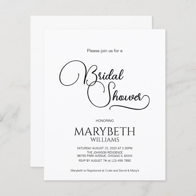 Lámina Ducha de novia simple y elegante con guión simple (Anverso / Reverso)