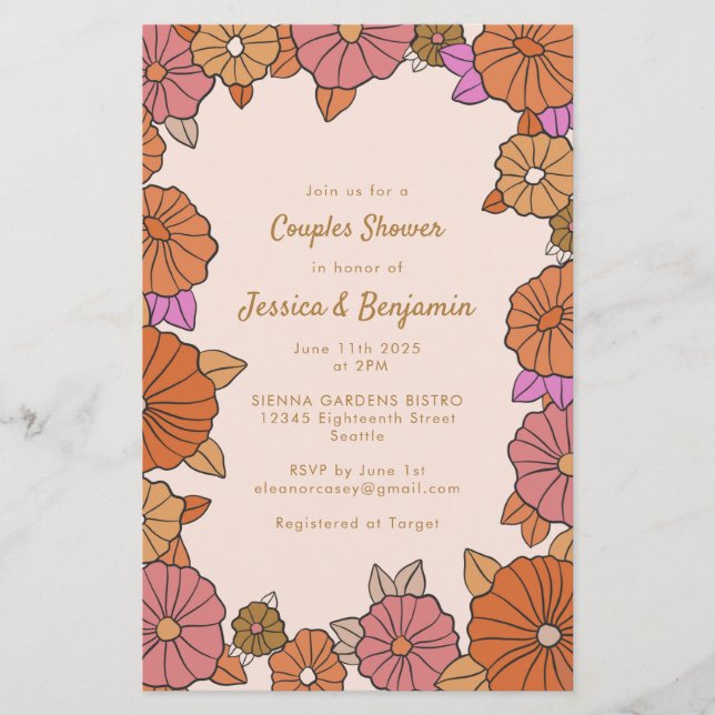 Lámina Ducha de Parejas Florales Naranja Quemada de Boho  (Anverso)