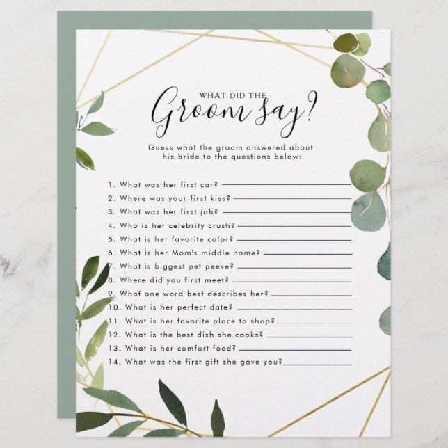 Lámina Ducha nupcial Eucalyptus ¿Qué dijo el Groom? (Anverso / Reverso)