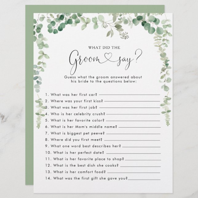 Lámina Ducha nupcial Eucalyptus ¿Qué dijo el Groom? (Anverso / Reverso)