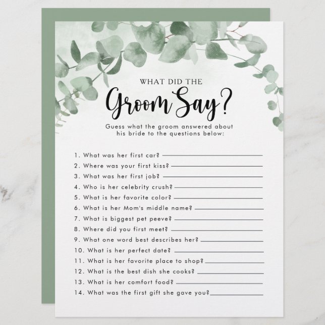 Lámina Ducha nupcial Eucalyptus ¿Qué dijo el Groom? (Anverso / Reverso)