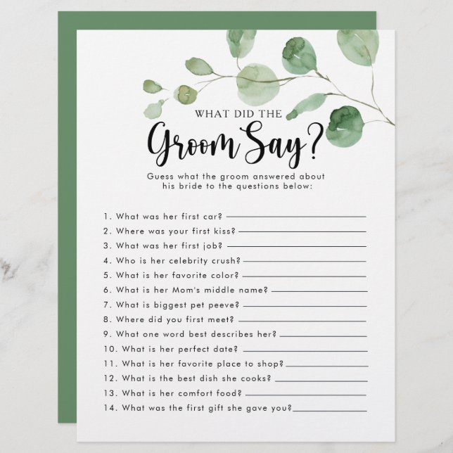 Lámina Ducha nupcial Eucalyptus ¿Qué dijo el Groom? (Anverso / Reverso)