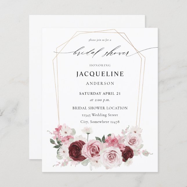 Lámina Ducha nupcial floral rosa y borgoña 2 (Anverso / Reverso)