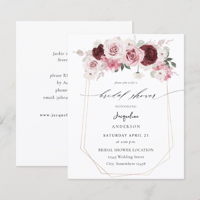 Lámina Ducha nupcial floral rosa y borgoña 3 (Anverso / Reverso)