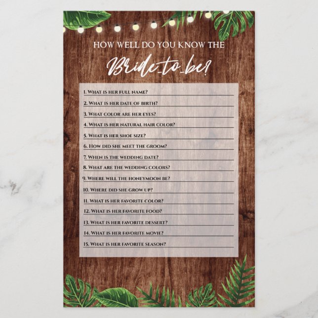 Lámina Ducha tropical de novias ¿Qué tan bien sabes la ta (Anverso)