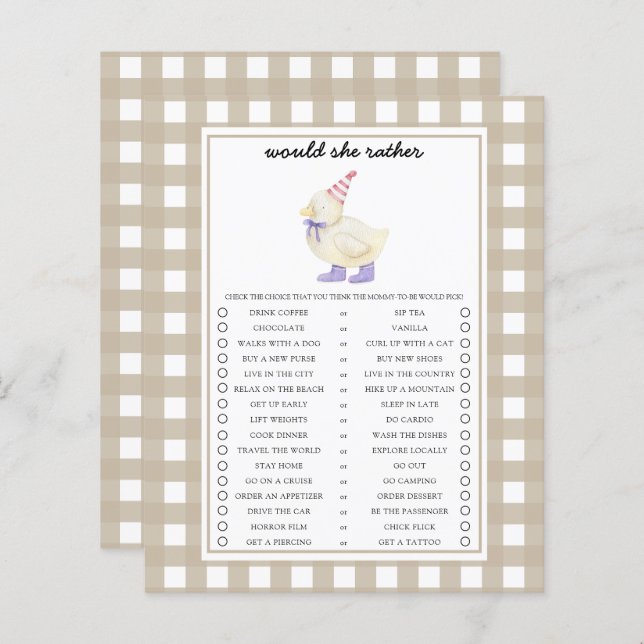 Lámina Duck Preferiría Un Juego De Baby Shower (Anverso / Reverso)