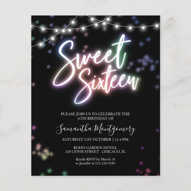 Lámina Dulce 16 Bday Colorful Neon Glow Budget Invitación (Anverso)