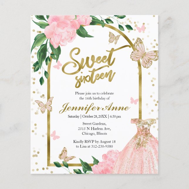 Lámina Dulce 16 Butterflys Dusty Pink Budget Invitación (Anverso)