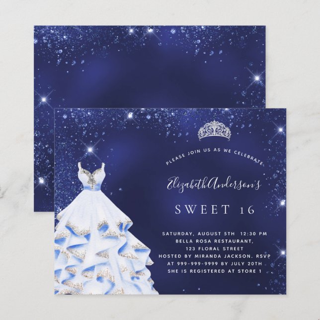 Lámina Dulce 16 invitación de presupuesto para ropa azul  (Anverso / Reverso)