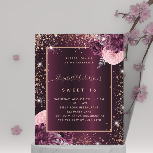 Lámina Dulce 16 rosa burdeos de oro invitación floral (Subido por el creador)