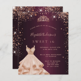 Lámina Dulce 16 rosa burdeos vestido de oro tiara invitac
