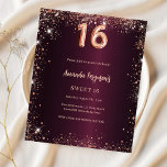 Lámina Dulce 16 rosa de Borgoña invitación al oro<br><div class="desc">Para un elegante dulce 16, 16 cumpleaños. Color de fondo de degradado burdeos. Decorada con chispas de rosa de oro. Personalice y agregue un nombre y detalles del fiesta. El nombre se escribe con un guión de estilo con letras a mano. 1 hoja = 1 borde impreso de invitación al...</div>