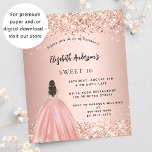 Lámina Dulce 16 rosa purpurina de oro invitación presupue<br><div class="desc">Una invitación moderna, elegante y glamurosa para una fiesta de 16 y 16 años. Un fondo dorado rosa con polvo falso purpurina de oro, un chica con un vestido de bola. El nombre está escrito con una escritura de estilo con letras a mano moderna. Personalice y agregue los detalles de...</div>