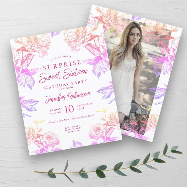 Lámina Dulce arcoíris SURPRISE 16 invitas (Budget Rainbow Floral SURPRISE Sweet 16 Invite)