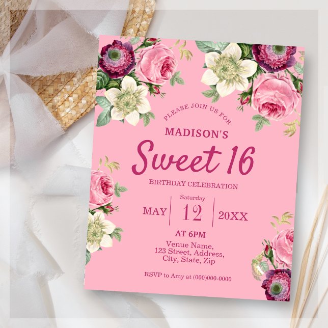 Lámina Dulce de Flor Rosa 16 Invitación de cumpleaños (Subido por el creador)