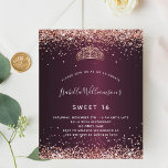 Lámina Dulce de presupuesto 16 tiara de oro de rosa de bo<br><div class="desc">Para un elegante dulce 16,  16 cumpleaños. Un color de fondo burdeos de aspecto metálico. Decorada con rosa de oro falso polvo purpurina y una tiara,  corona. Personalice y agregue un nombre,  edad y detalles del fiesta. El nombre se escribe con un guión de estilo con letras a mano</div>