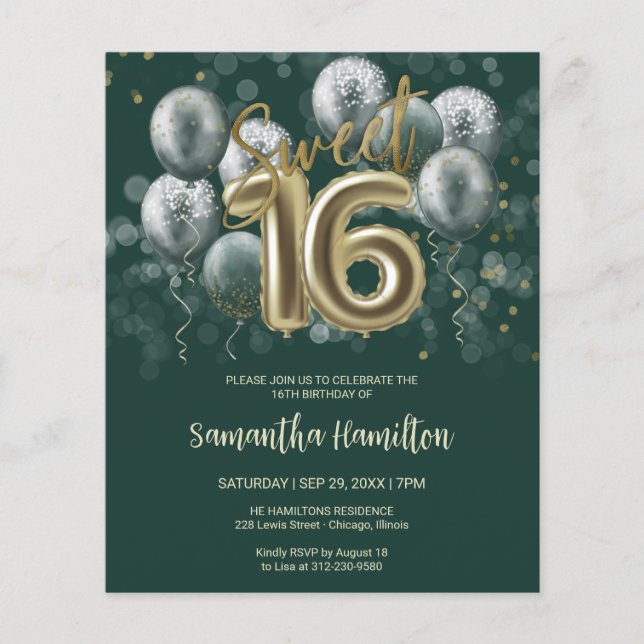 Lámina Dulce dorado 16 globos de bribón Invitación verde  (Anverso)