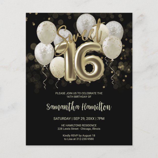 Lámina Dulce dorado 16 Globos de cumpleaños Invitación a  (Anverso)