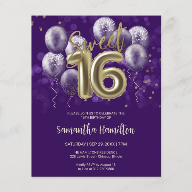 Lámina Dulce dorado 16 Globos Invitación a Purple Budge (Anverso)