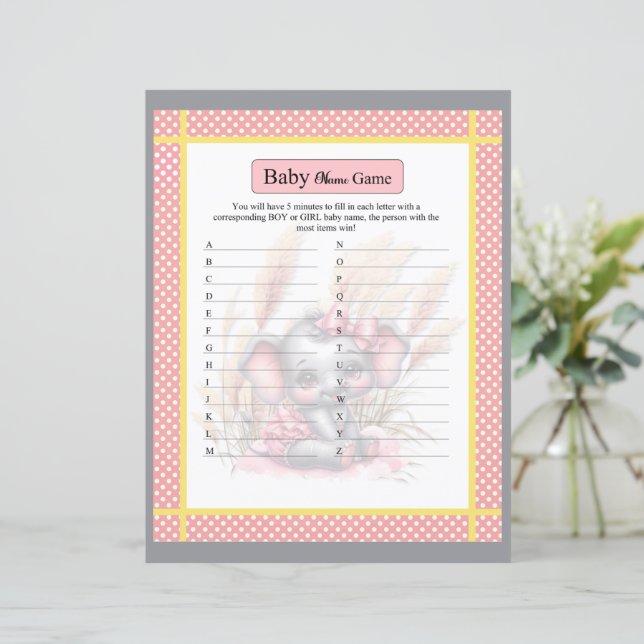 Lámina Dulce Elefante Rosa Juego de Nombres en el Baby Sh (Anverso de pie)