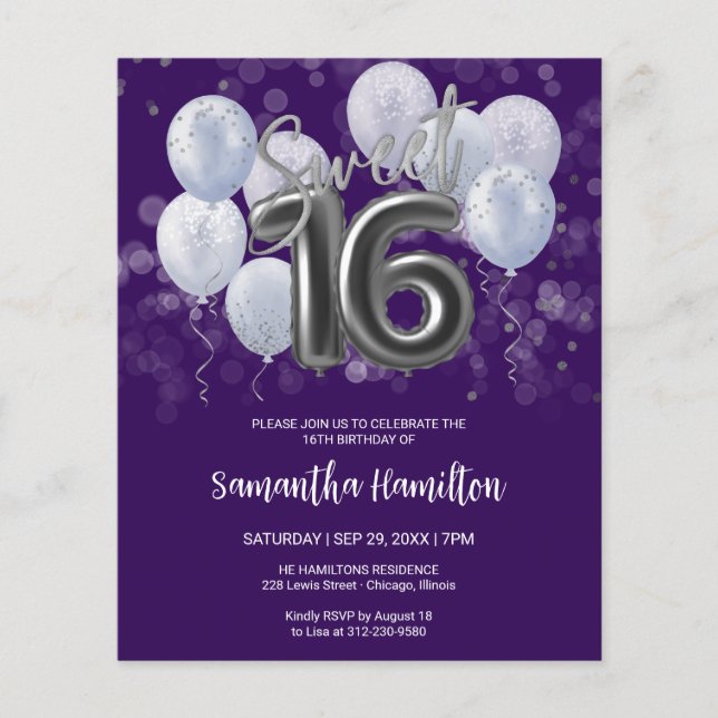 Lámina Dulce plateado 16 Globos Invitación al Purple Budg (Anverso)
