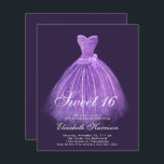 Lámina Dulce presupuestal 16 Fiesta de cumpleaños Purple<br><div class="desc">Elegante y asequible invitación a la fiesta de 16 cumpleaños color morado oscuro con una acuarela de un vestido morado con acentos plateados y "Sweet Sixteen" y su nombre en un elegante guión blanco.</div>
