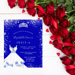Lámina Dulce presupuestal 16 invitación a vestir de plata<br><div class="desc">Una invitación de moda y glamurosa para una fiesta de 16 y 16 años. Un fondo azul real con polvo falso purpurina de plata, una tiara y un vestido. El nombre está escrito con una escritura de estilo con letras a mano moderna. Personalice y agregue los detalles de su fiesta....</div>