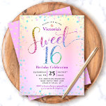 Lámina Dulce presupuestal 16 Invitación de Ombre Purpurin<br><div class="desc">"Feliz dulce 16". Envíe esta impresionante, brillante, alegre, festiva, moderna, personalizada, personalizado de presupuesto para una fiesta que recordar. La tipografía del guion arcoiris purpurina, junto con el turquesa festivo, el rosa púrpura y el confetti dorado, superpone un fondo metálico de Relieve metalizado arcoiris oscuro. Un patrón de punto purpurina...</div>