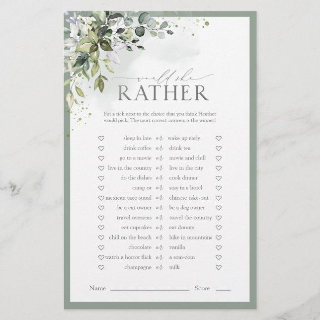 Lámina Duste Blue Eucalyptus Floral Bridal Shower Game (Anverso)