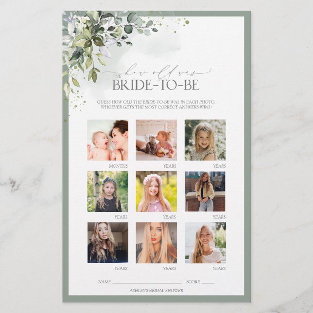 Lámina Duste Blue Eucalyptus Floral Bridal Shower Game (Anverso)