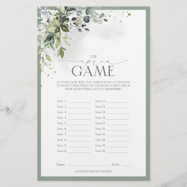 Lámina Duste Blue Eucalyptus Floral Bridal Shower Game (Anverso)