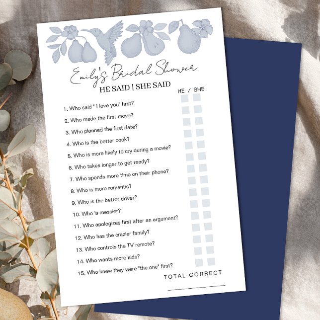 Lámina Duste Blue Perfect Pear Bridal Shower Dijo Que Ell (He said / She said game sheet)