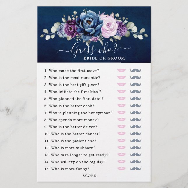 Lámina Duste Blue Purple Bridal Shower Game Adivina Quién (Anverso)