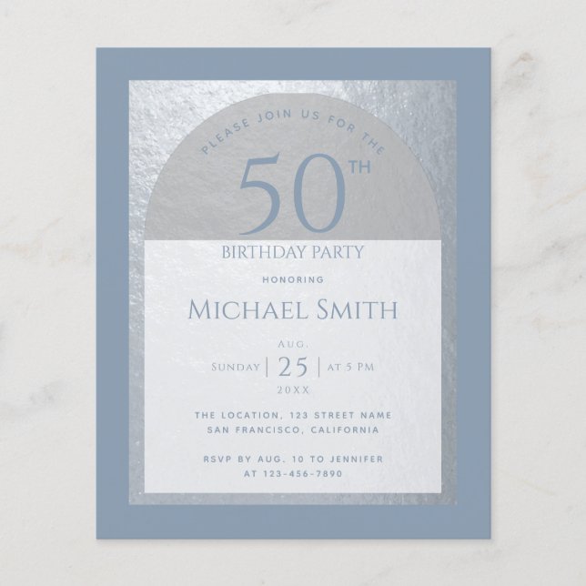 Lámina Dusty Blue 50th Birthday Silver Budget Invitación (Anverso)
