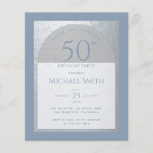 Dusty Blue 50th Birthday Silver Budget Invitación