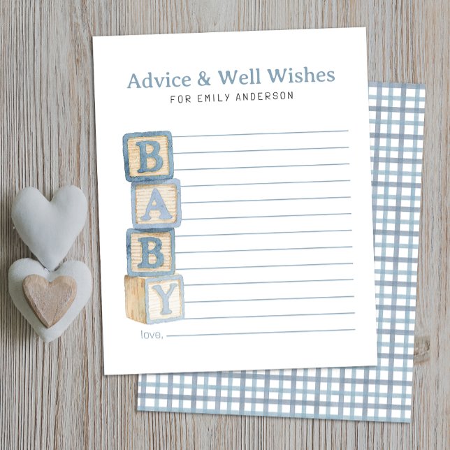 Lámina Dusty Blue Baby Blocks Advice & Well Wishes Card (Baby Shower Advice and Well Wishes)