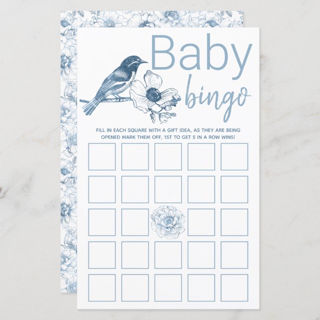 Lámina Dusty Blue Baby Shower Bingo Game Card Floral (Anverso / Reverso)