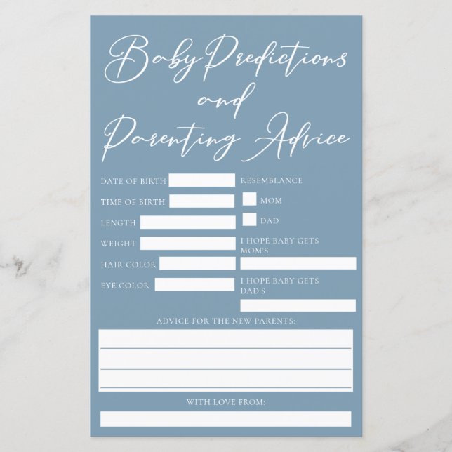 Lámina Dusty Blue Baby Shower Predictions Advisory Card (Anverso)