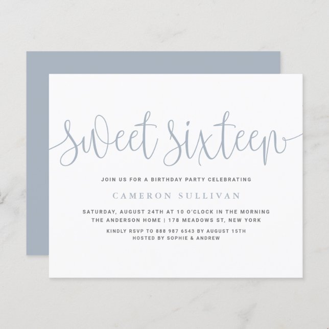 Lámina Dusty Blue Bonito Calligraphy Sweet 16 Invitación (Anverso / Reverso)