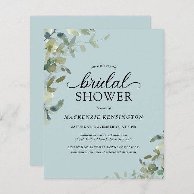 Lámina Dusty Blue Botanal Bridal Shower (Anverso / Reverso)