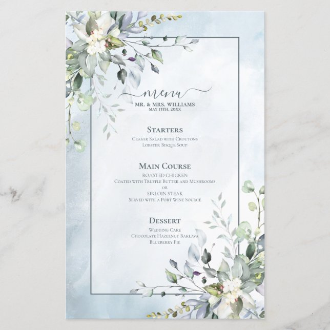 Lámina Dusty Blue Botany Greenery Watercolor Boda (Anverso)