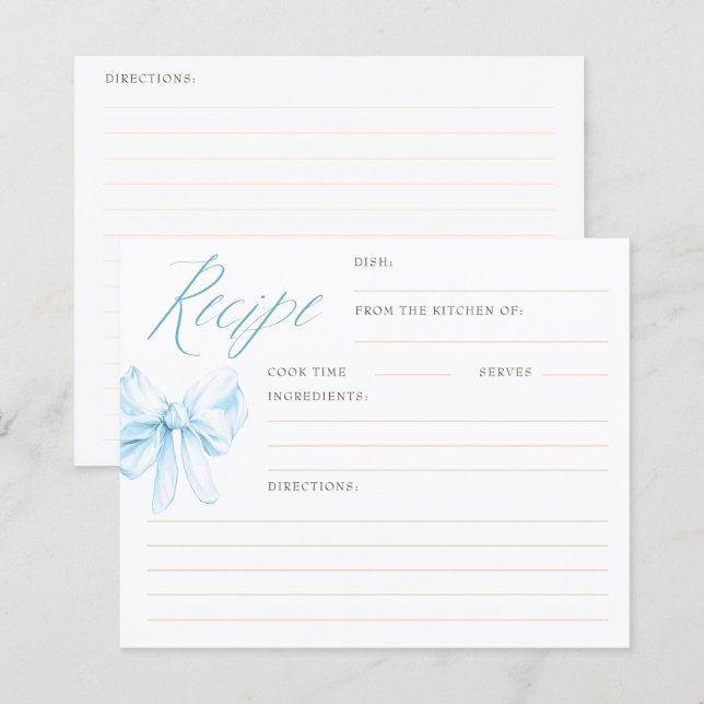 Lámina Dusty Blue Bow Elegant Bridal Shower Recipe Cards (Anverso / Reverso)