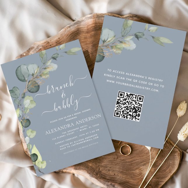 Lámina Dusty Blue Brunch & Bubbly QR Code Invitación (Subido por el creador)