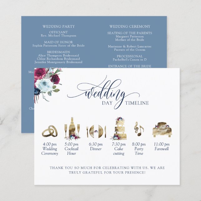 Lámina Dusty Blue Burgundy Berry Wedding Program Timeline (Anverso / Reverso)
