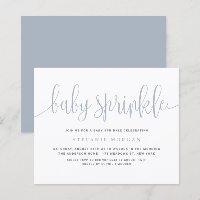 Lámina Dusty Blue Calligraphy Baby Sprinkle Invitación (Anverso / Reverso)
